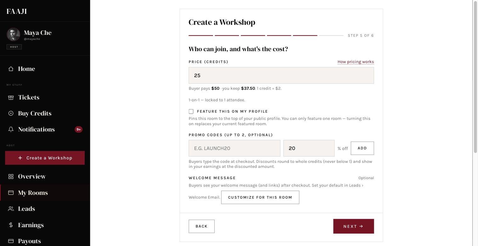 The type picker with 1-on-1 selected, then the duration and price per session fields