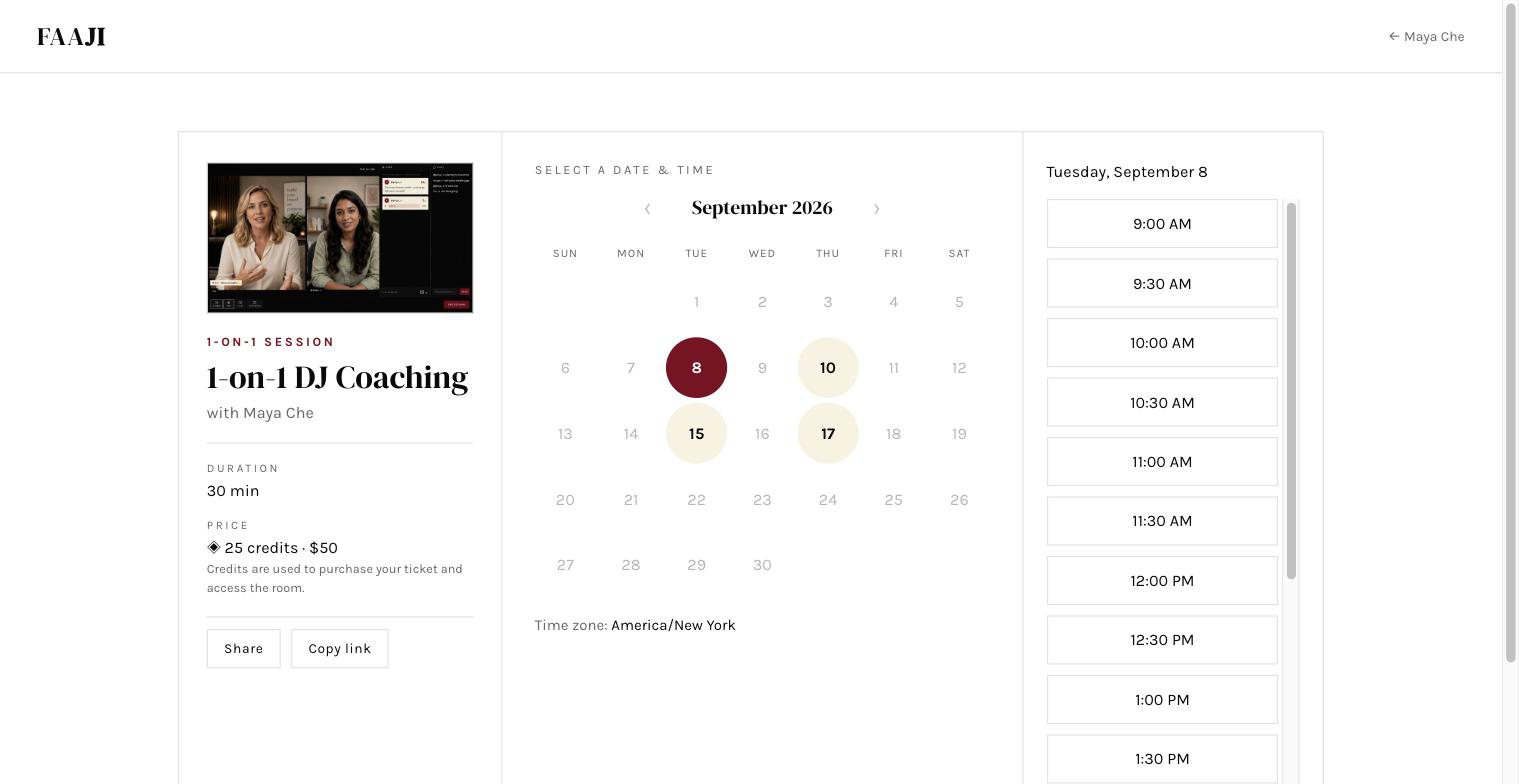 The public booking page with the calendar of open slots