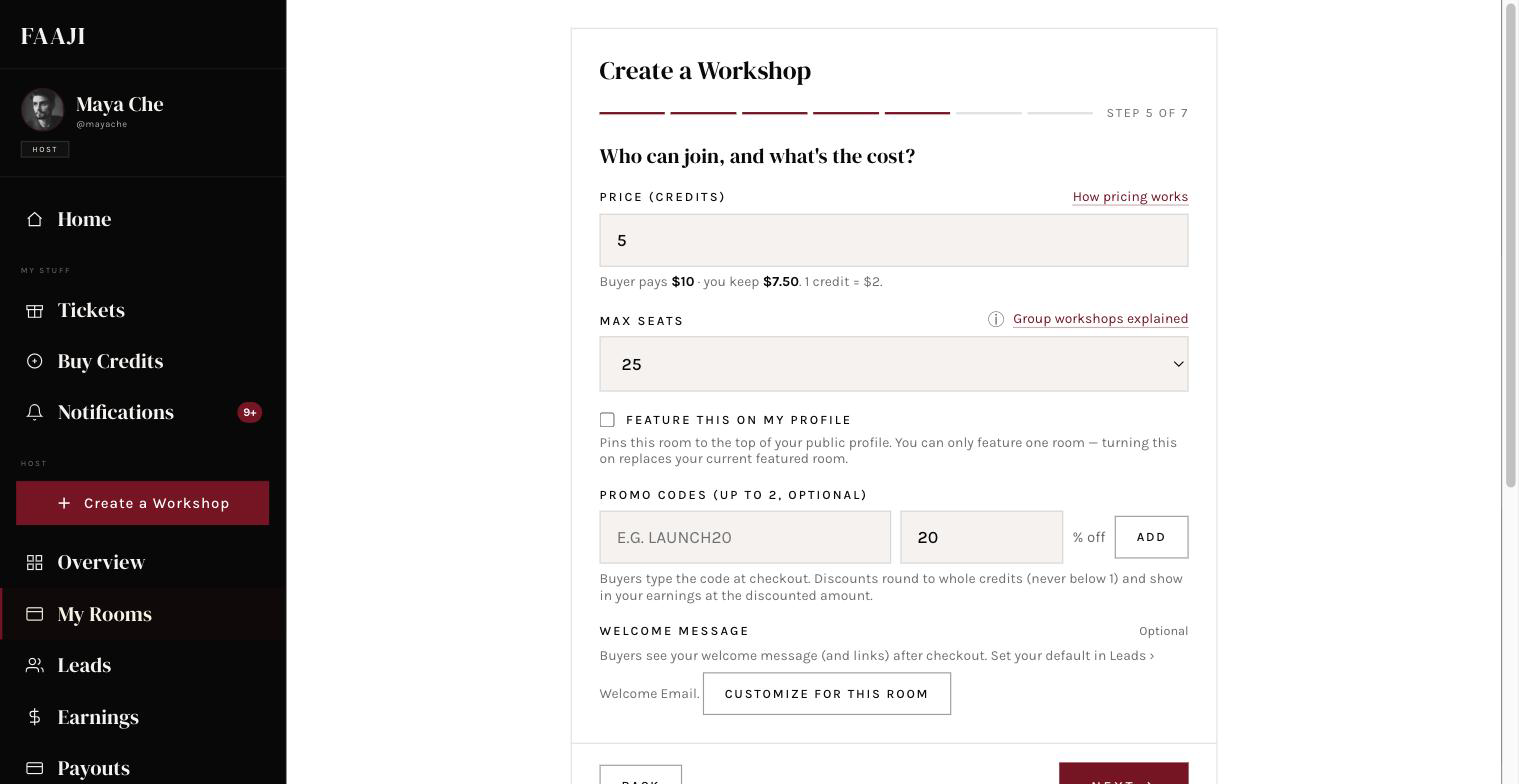 Date, duration, and price fields with the "buyer pays / you keep" line visible