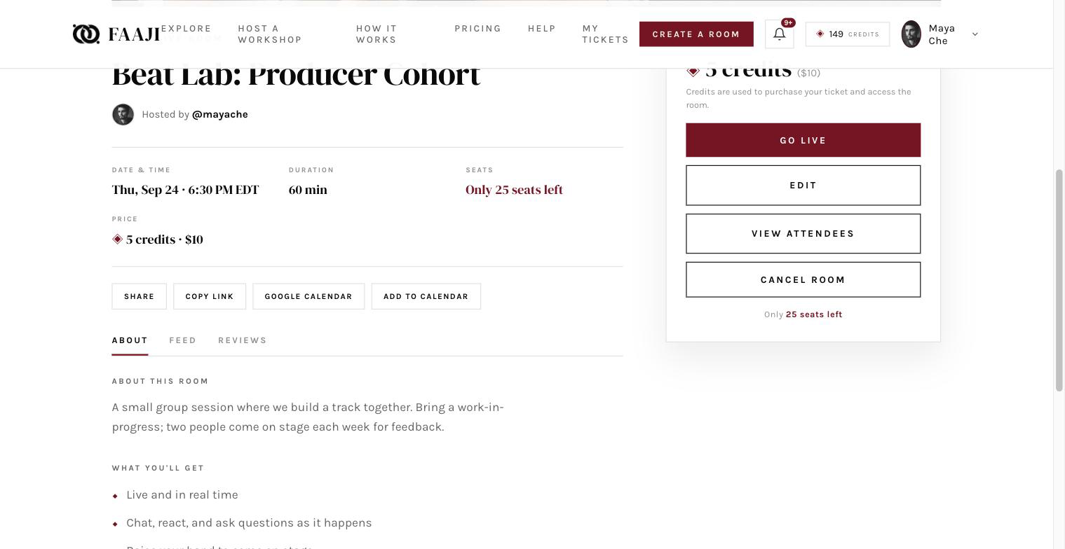 The public workshop page with the seat count and Get Tickets button