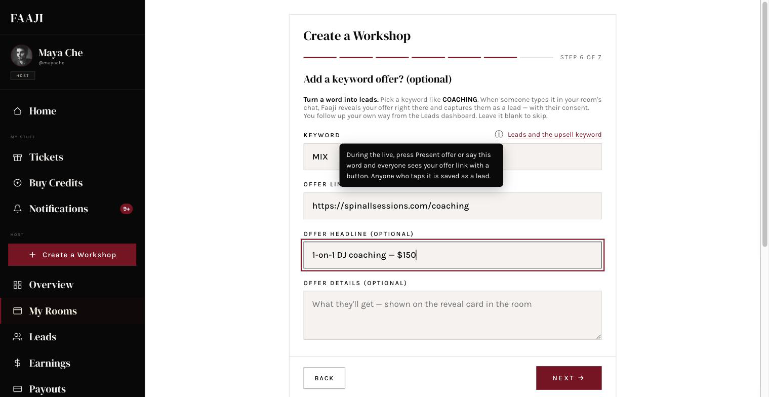 The Keyword and Offer link fields on the workshop form