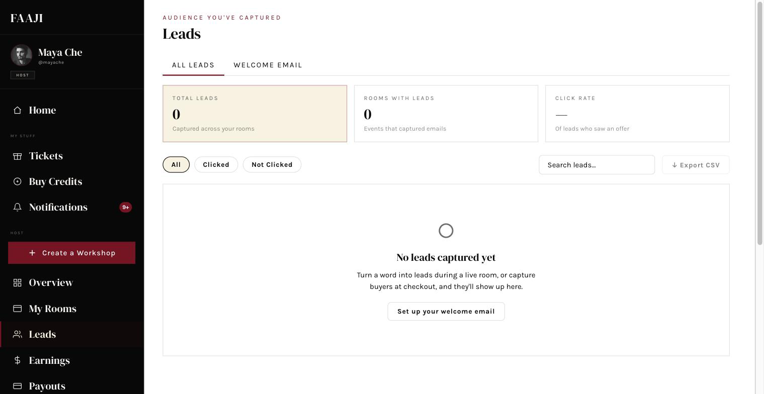 The Leads page with the per-workshop list and Export CSV button