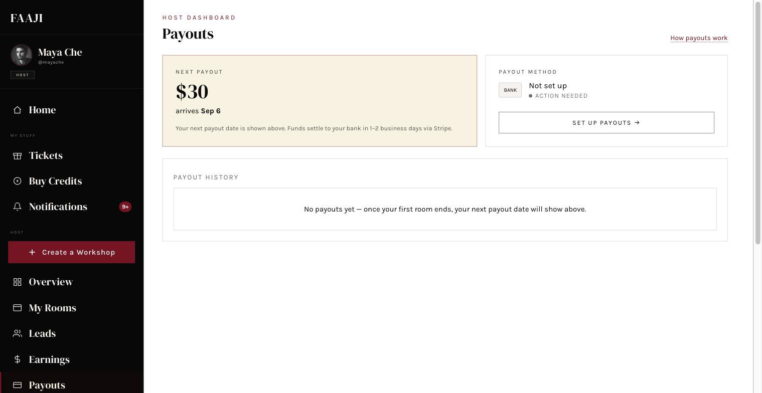 The Payouts page showing eligible and paid amounts
